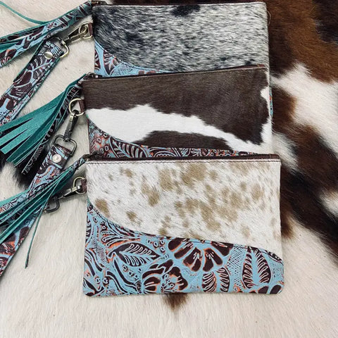 Texas Western Embossed Leather Cowhide Wristlet - Turquoise