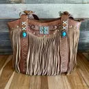 Texas Western Tote Purse with Suede Fringes and Silver with Turquoise